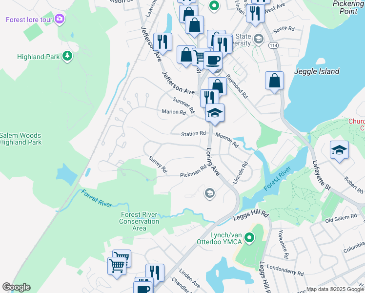 map of restaurants, bars, coffee shops, grocery stores, and more near 47 Moffatt Road in Salem