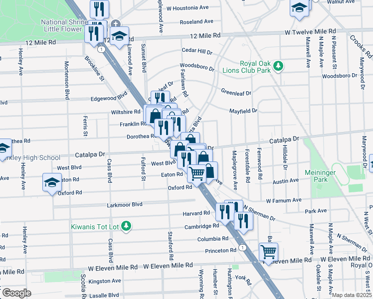 map of restaurants, bars, coffee shops, grocery stores, and more near 28000 Catalpa Drive in Royal Oak