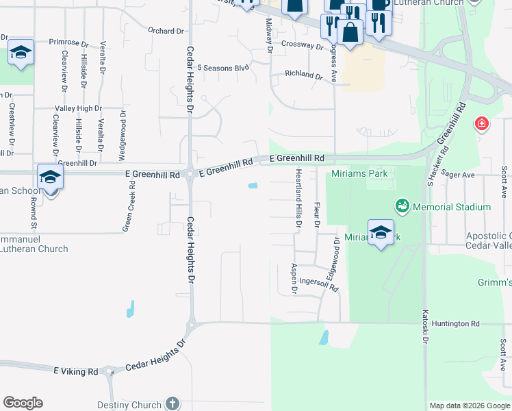 map of restaurants, bars, coffee shops, grocery stores, and more near 4054 Jill Drive in Waterloo
