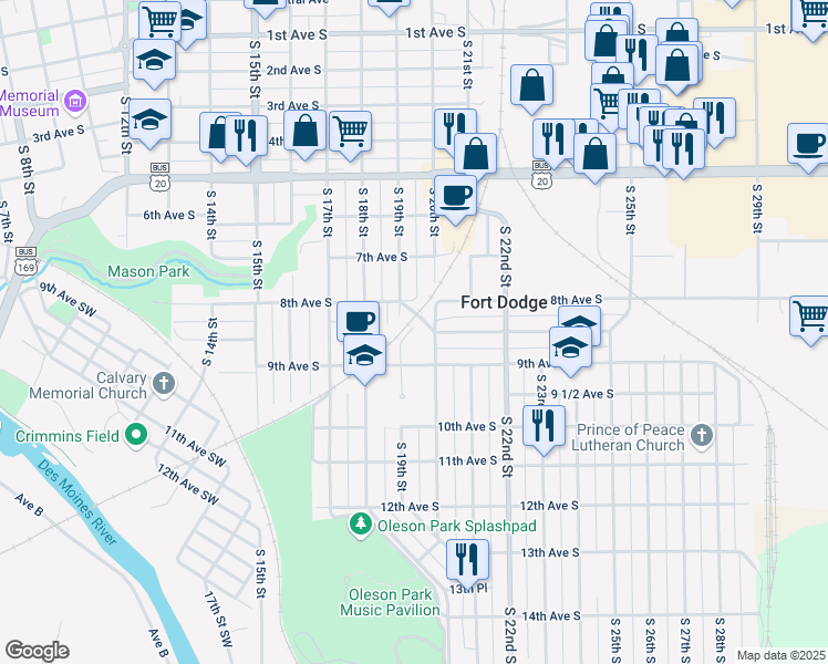map of restaurants, bars, coffee shops, grocery stores, and more near 827 South 19th Street in Fort Dodge