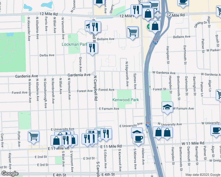 map of restaurants, bars, coffee shops, grocery stores, and more near 801 North Dorchester Avenue in Royal Oak