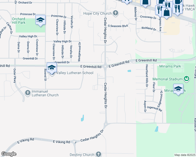 map of restaurants, bars, coffee shops, grocery stores, and more near 4529 Chadwick Road in Cedar Falls