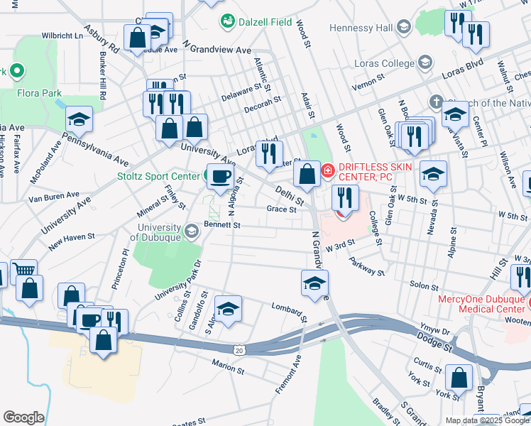 map of restaurants, bars, coffee shops, grocery stores, and more near 1914 Grace St in Dubuque