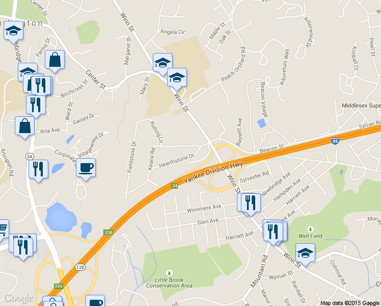 map of restaurants, bars, coffee shops, grocery stores, and more near 1 Hearthstone Drive in Burlington