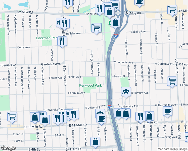 map of restaurants, bars, coffee shops, grocery stores, and more near 800 North Edgeworth Avenue in Royal Oak
