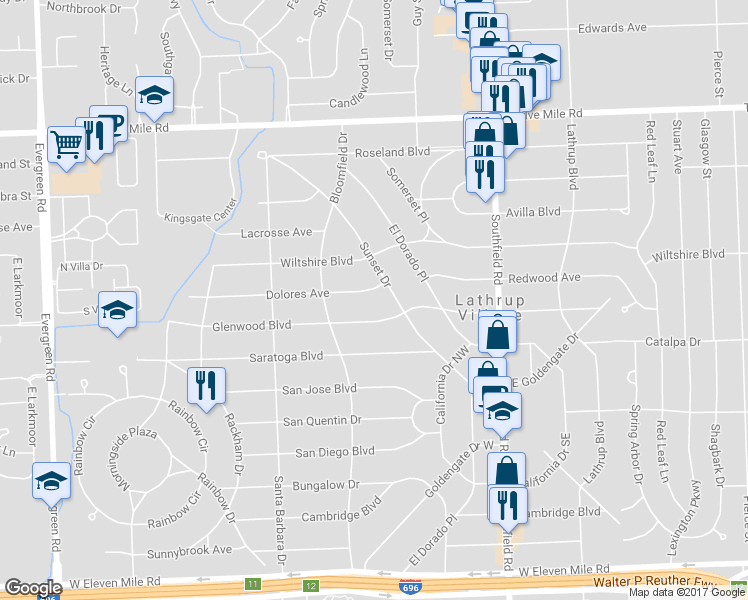map of restaurants, bars, coffee shops, grocery stores, and more near 18469 Dolores Avenue in Lathrup Village