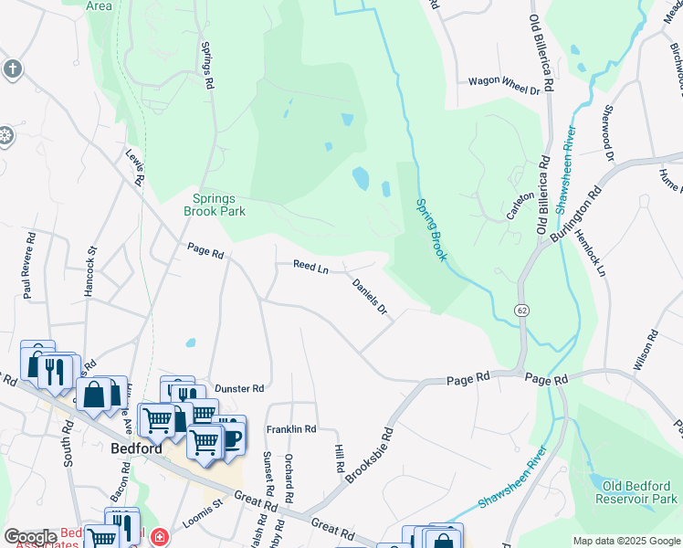 map of restaurants, bars, coffee shops, grocery stores, and more near 11 Reed Lane in Bedford