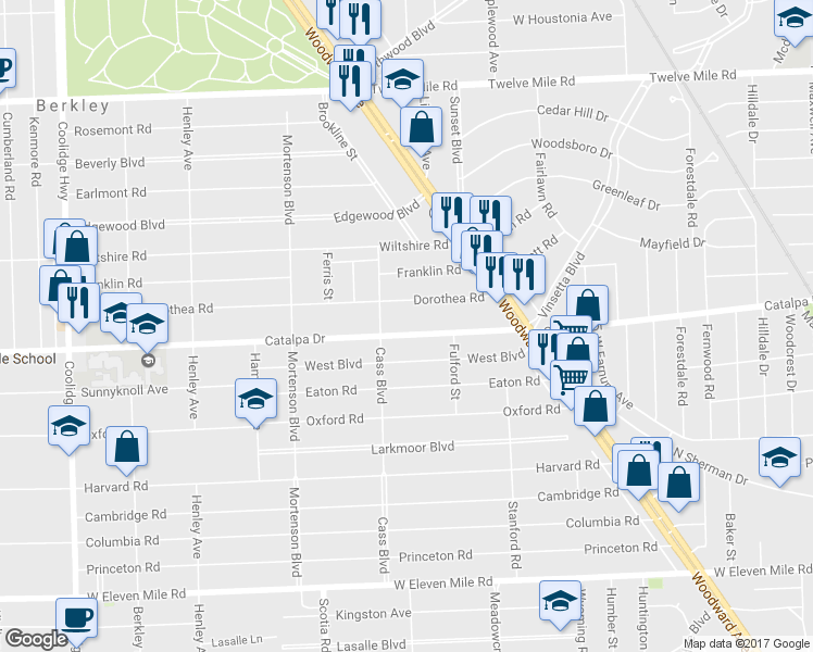 map of restaurants, bars, coffee shops, grocery stores, and more near 1422 Catalpa Drive in Berkley