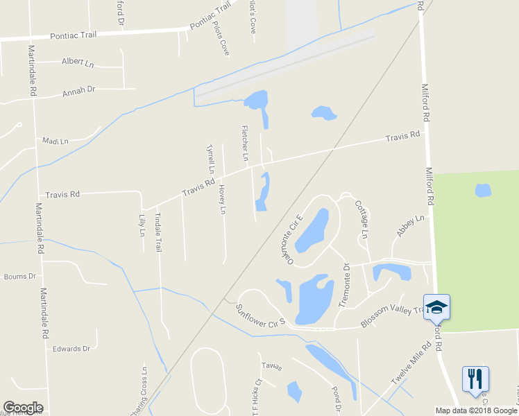 map of restaurants, bars, coffee shops, grocery stores, and more near 58075 Travis Road in Lyon Charter Township