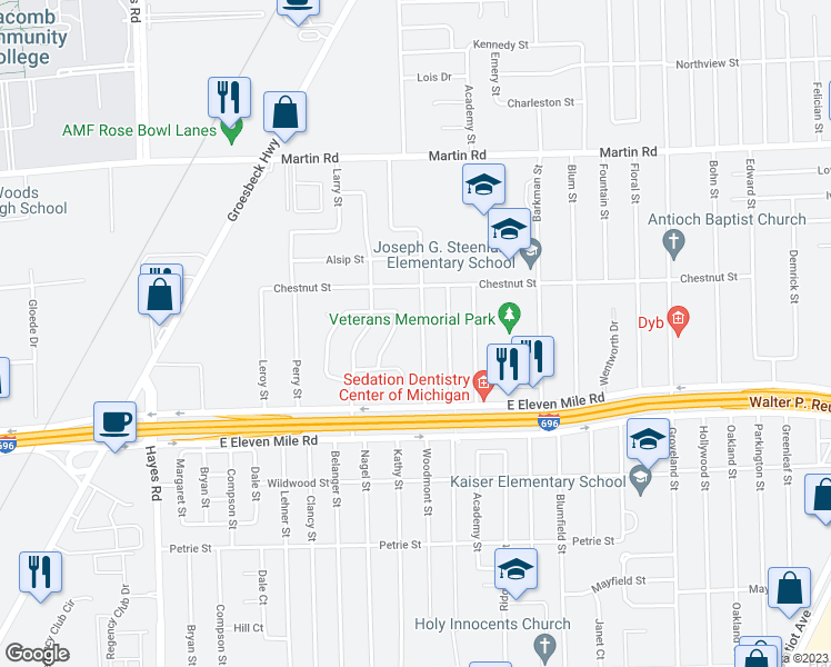 map of restaurants, bars, coffee shops, grocery stores, and more near 27261 Woodmont Street in Roseville