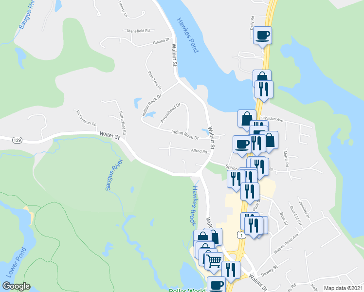 map of restaurants, bars, coffee shops, grocery stores, and more near 13 Alfred Road in Saugus