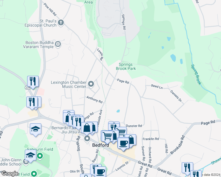 map of restaurants, bars, coffee shops, grocery stores, and more near 7 Springs Lane in Bedford