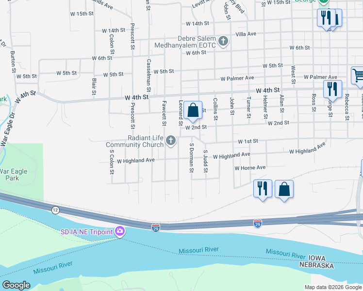 map of restaurants, bars, coffee shops, grocery stores, and more near 114 South Leonard Street in Sioux City