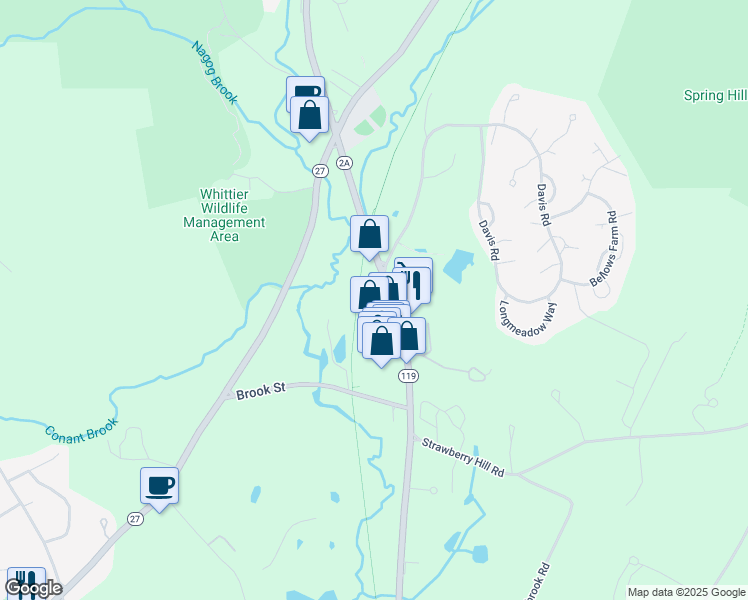 map of restaurants, bars, coffee shops, grocery stores, and more near 282 Great Road in Acton