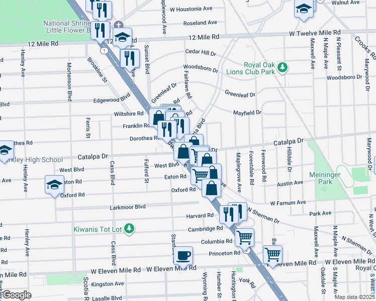 map of restaurants, bars, coffee shops, grocery stores, and more near 28000 Catalpa Drive in Royal Oak