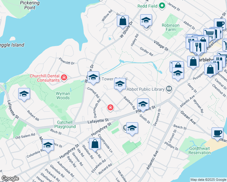 map of restaurants, bars, coffee shops, grocery stores, and more near 40 Baldwin Road in Marblehead