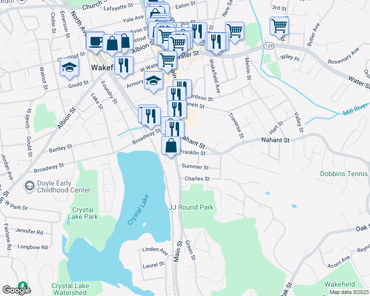 map of restaurants, bars, coffee shops, grocery stores, and more near 7 Franklin Street in Wakefield