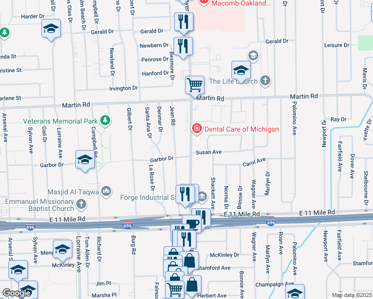 map of restaurants, bars, coffee shops, grocery stores, and more near 27447 Hoover Road in Warren