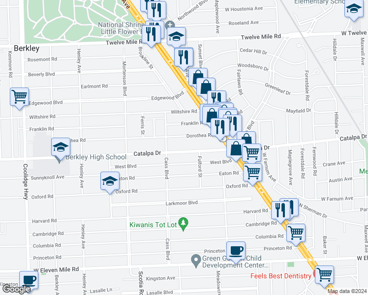 map of restaurants, bars, coffee shops, grocery stores, and more near 1422 Catalpa Drive in Berkley