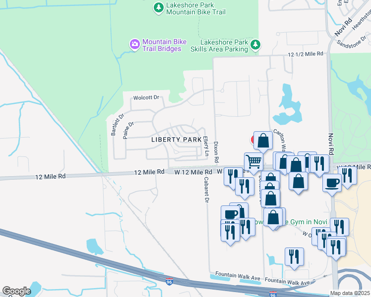 map of restaurants, bars, coffee shops, grocery stores, and more near 27887 Hopkins Drive in Novi