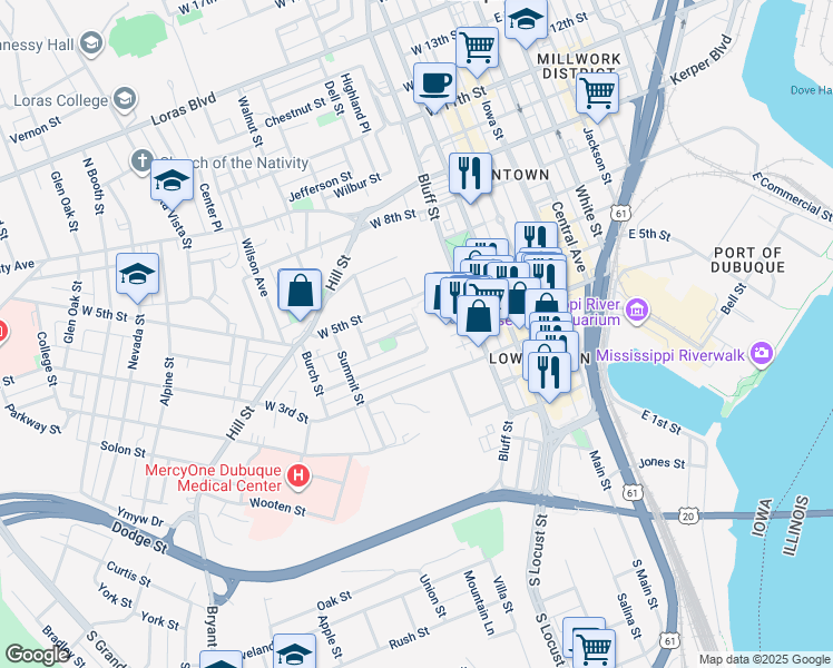 map of restaurants, bars, coffee shops, grocery stores, and more near 550 Cooper Place in Dubuque