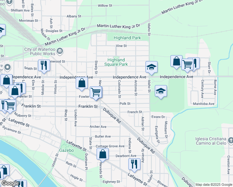 map of restaurants, bars, coffee shops, grocery stores, and more near 136-144 Monroe Street in Waterloo