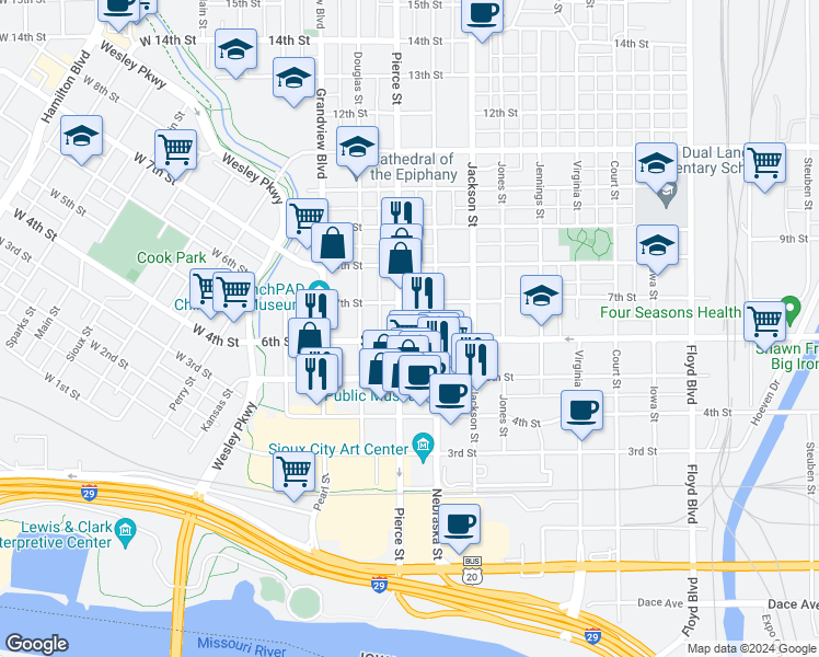 map of restaurants, bars, coffee shops, grocery stores, and more near in Sioux City