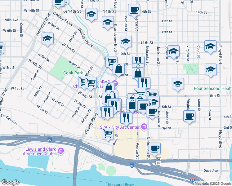 map of restaurants, bars, coffee shops, grocery stores, and more near 601 Pearl Street in Sioux City