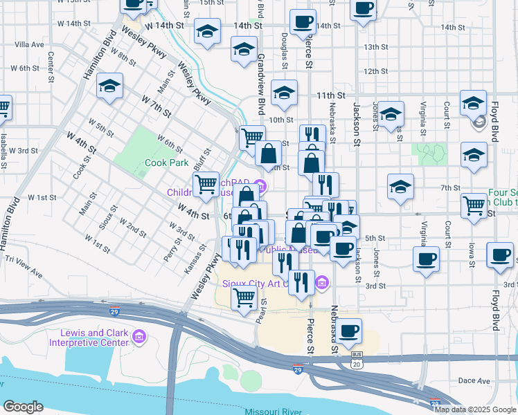 map of restaurants, bars, coffee shops, grocery stores, and more near 609 Pearl Street in Sioux City
