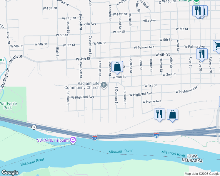 map of restaurants, bars, coffee shops, grocery stores, and more near 101-199 S Dorman St in Sioux City
