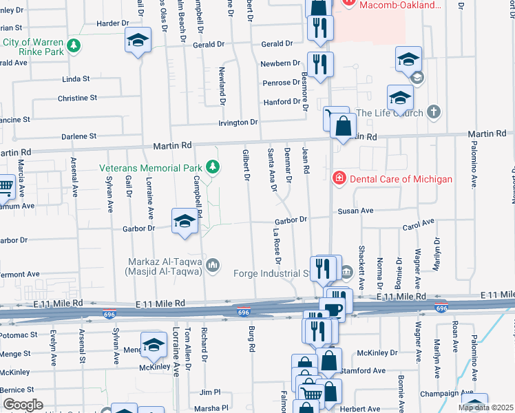 map of restaurants, bars, coffee shops, grocery stores, and more near 27584 Gilbert Drive in Warren