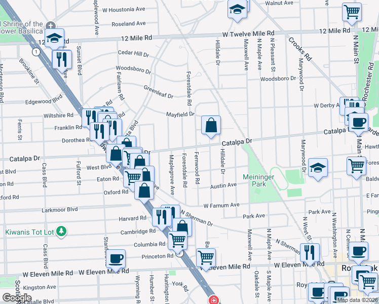 map of restaurants, bars, coffee shops, grocery stores, and more near 935 Fernwood Road in Royal Oak