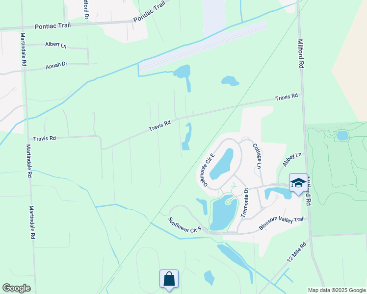 map of restaurants, bars, coffee shops, grocery stores, and more near 58075 Travis Road in Lyon Charter Township