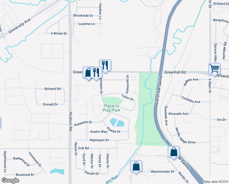 map of restaurants, bars, coffee shops, grocery stores, and more near Algonquin Drive in Cedar Falls