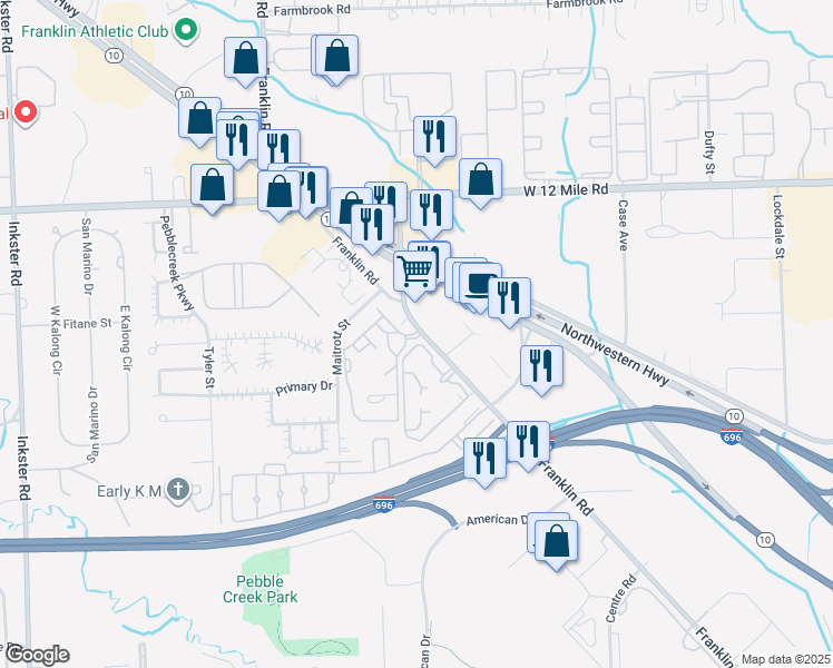 map of restaurants, bars, coffee shops, grocery stores, and more near 28465 Franklin Road in Southfield