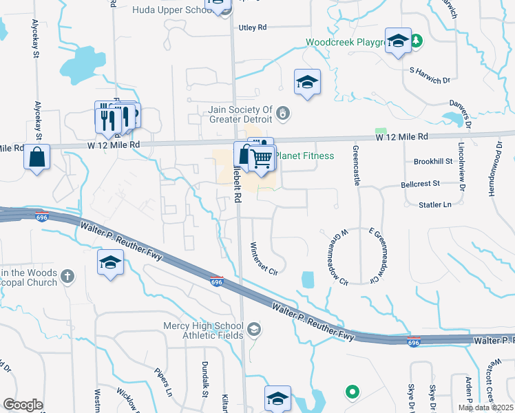 map of restaurants, bars, coffee shops, grocery stores, and more near 29360 Morningview in Farmington Hills