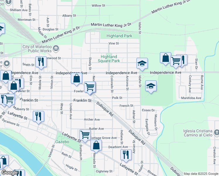map of restaurants, bars, coffee shops, grocery stores, and more near 136-144 Monroe Street in Waterloo