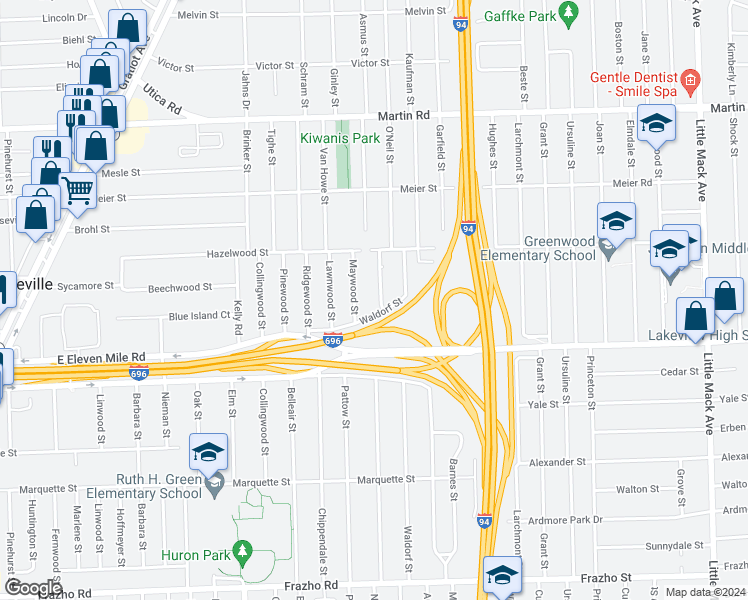 map of restaurants, bars, coffee shops, grocery stores, and more near 27121 Antonio Drive in Roseville