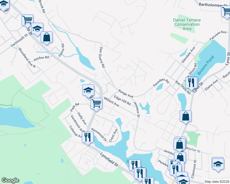 map of restaurants, bars, coffee shops, grocery stores, and more near 27 Longwood Road in Lynn