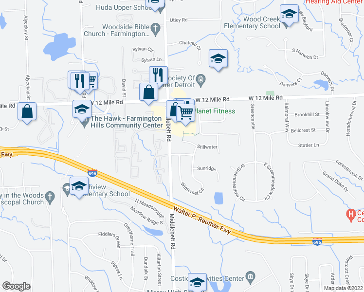 map of restaurants, bars, coffee shops, grocery stores, and more near 29333 Stillwater in Farmington Hills