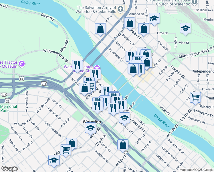 map of restaurants, bars, coffee shops, grocery stores, and more near 425 Cedar Street in Waterloo