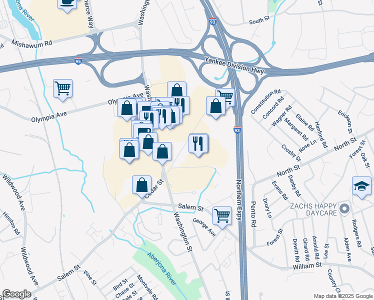 map of restaurants, bars, coffee shops, grocery stores, and more near 53 Cedar Street in Woburn