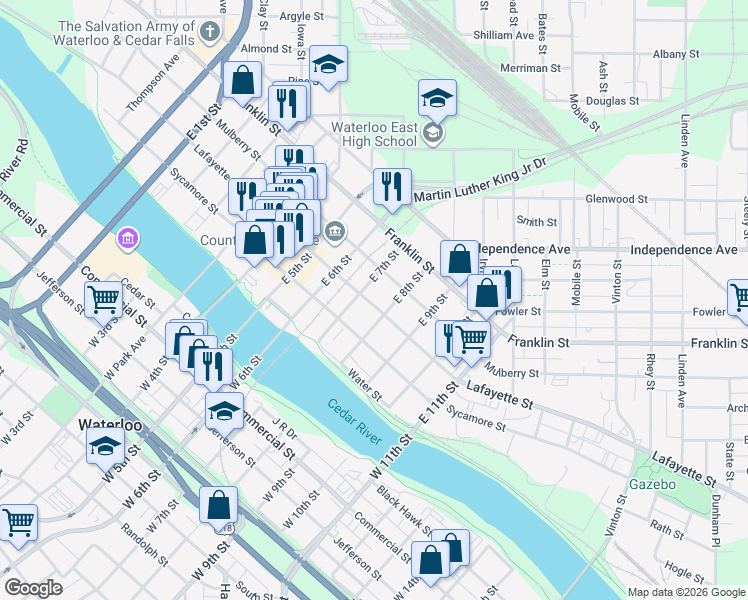 map of restaurants, bars, coffee shops, grocery stores, and more near 913 Lafayette Street in Waterloo
