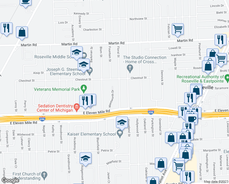 map of restaurants, bars, coffee shops, grocery stores, and more near 27840 Wentworth Drive in Roseville