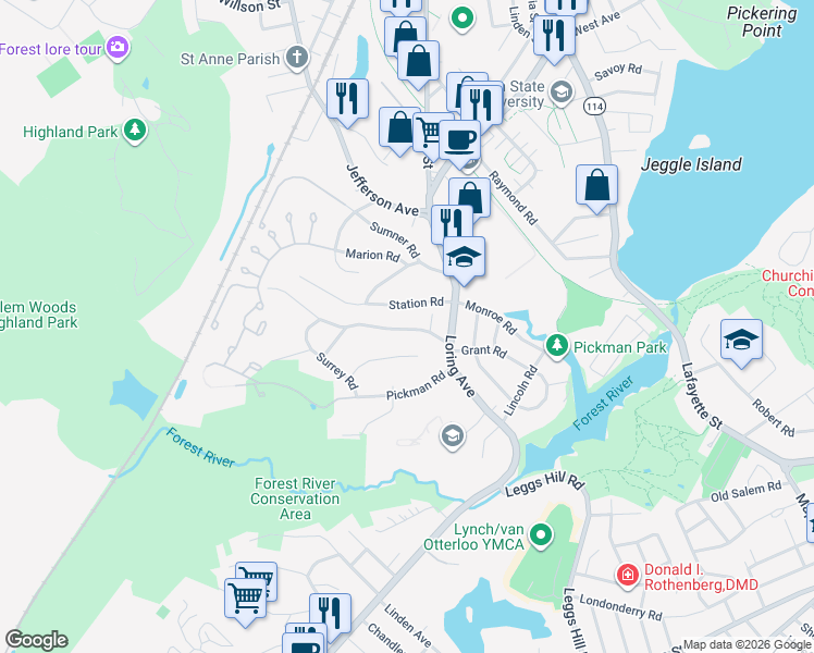 map of restaurants, bars, coffee shops, grocery stores, and more near 32 Moffatt Road in Salem