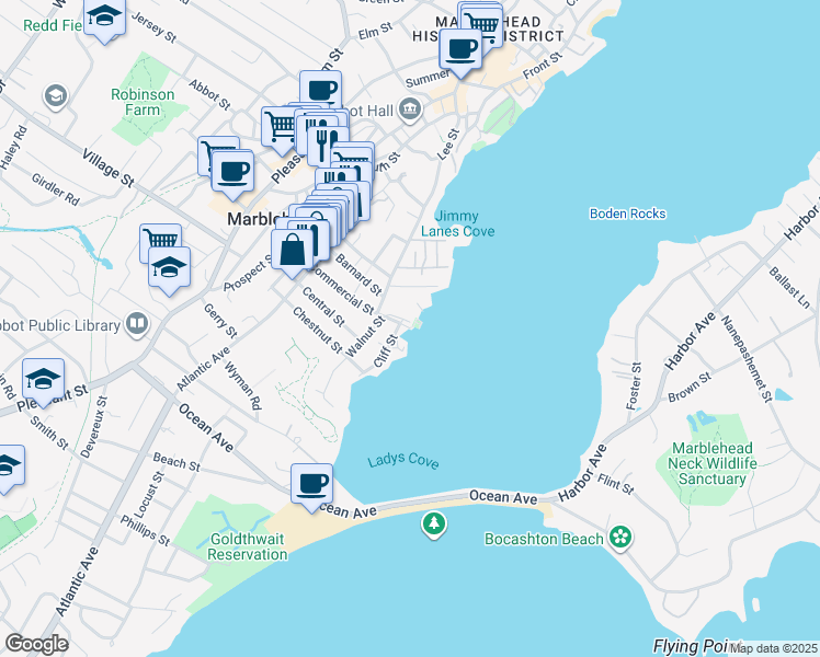 map of restaurants, bars, coffee shops, grocery stores, and more near 99 Commercial Street in Marblehead