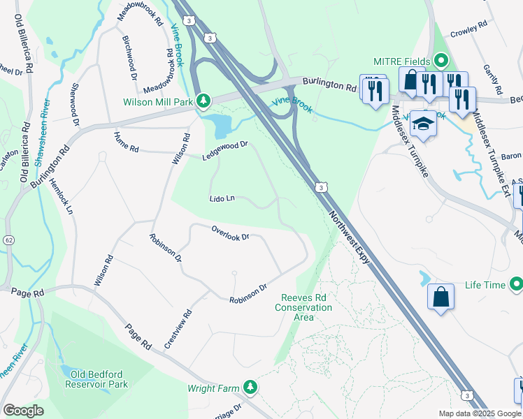 map of restaurants, bars, coffee shops, grocery stores, and more near 25 Lido Lane in Bedford