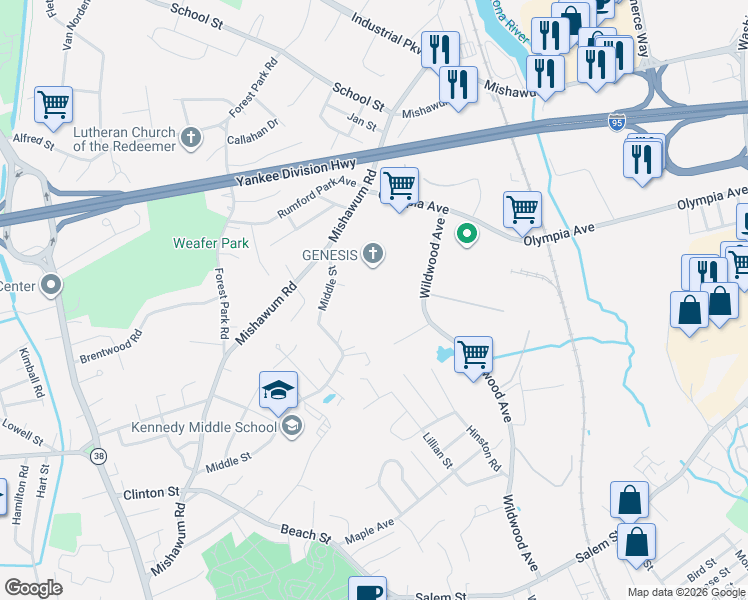 map of restaurants, bars, coffee shops, grocery stores, and more near 470 Wildwood Avenue in Woburn