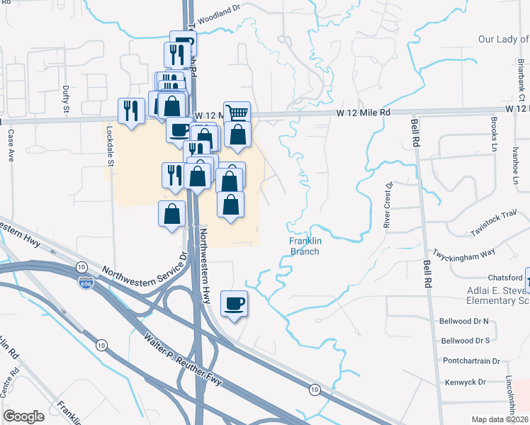map of restaurants, bars, coffee shops, grocery stores, and more near 28733 Franklin River Drive in Southfield