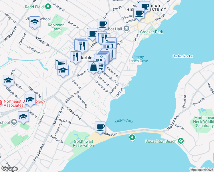 map of restaurants, bars, coffee shops, grocery stores, and more near 34 Chestnut Street in Marblehead
